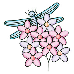 flowers garden with little dragon fly kawaii character