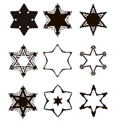 Vintage Star of David. Jewish six-pointed star. Set. Hand draw. Vector illustration on isolated background.