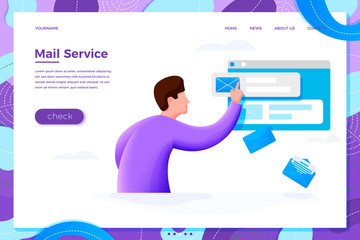 Vector illustration mail service concept - cartoon man on browser screen checking mailbox online, isolated on white background. Banner, site, poster template with place for your text.