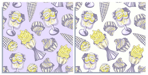 Vector set of seamless patterns with wonderful colorful cupcake, cone ice cream, a scoop of lemon ice cream in a bowls. Hand-drawn, graphic, style. Tender, soft, light, sleep color: yellow, purple