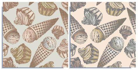 Vector set of seamless patterns with wonderful colorful cupcake, ice cream, flavor of chocolate, creme brulee, vanilla, cream. Hand-drawn, graphic, style, sketch. Tender color: vanilla, brown, cream