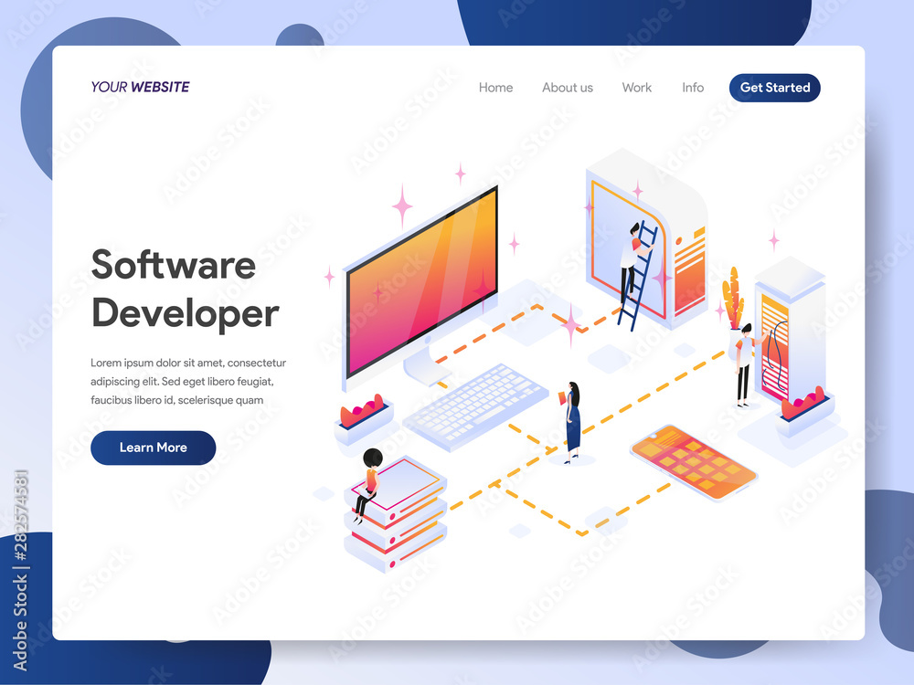 Poster landing page template of software developer isometric illustration concept. modern design concept of