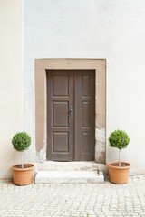 Alte Tür mit Buchsbaumkugeln