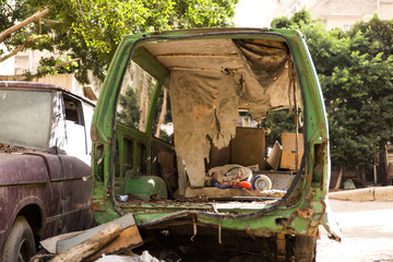 old abandoned green van 