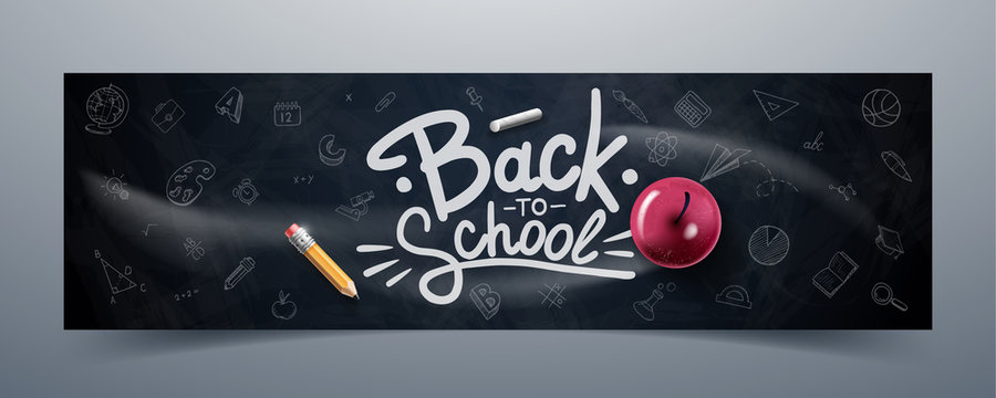 Back to school text drawing by colorful chalk in blackboard with apple, pencil, chalk. Vector illustration banner.
