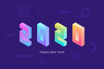 2020 Happy New Year isometric text design with trendy bright neon gradients for holiday greetings and invitations. Vector illustration.