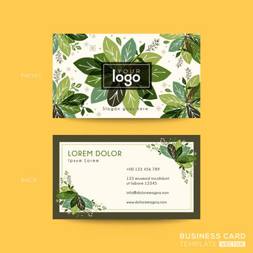business card, name card design with green leaves background