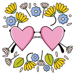 fashion glasses with hearts love shape and floral wreath