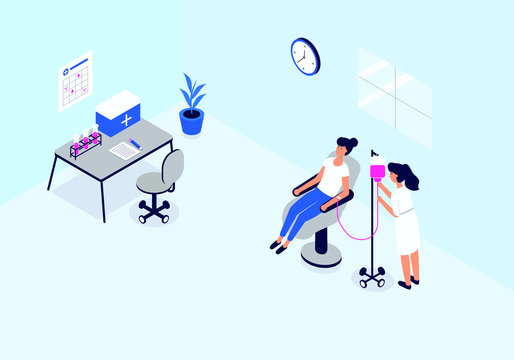 Isometric image of the blood transfusion station. Visualization of the concept of health care, the donor girl sitting in the chair the doctor checks the device. Vector illustration on white background