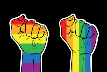 Color vector horizontal banner fist in rainbow colors. LGBT community sign isolated from black background