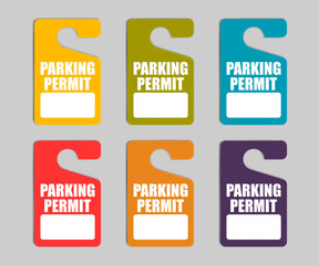 Parking permit hang tag, color vector set. Hanging car pass with copy space
