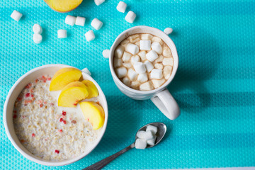 Healthy breakfast. Cereals with milk and fruits.