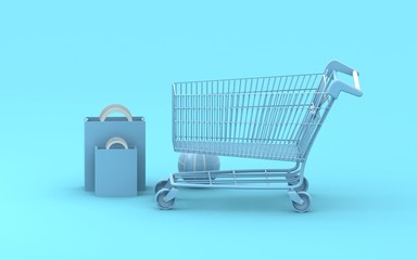 Shoping cart 3d render. Blue  background. Modern store. Blue shoping cart. Online shoping. Sale. Buying and selling concept.