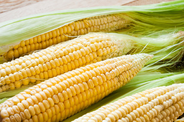 Sweet corn cobs on a wooden table