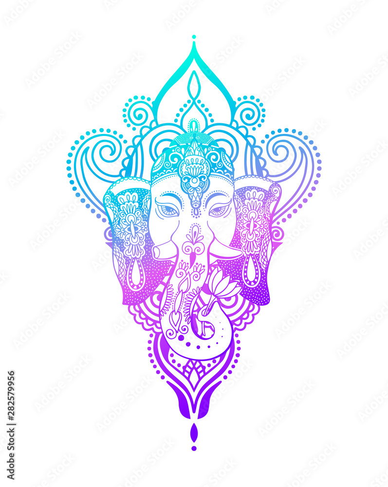 Wall mural lord ganesha head with lotus drawing - indian spirit animal elephant tattoo or yoga design