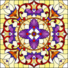 Illustration in stained glass style, square mirror image with floral ornaments and swirls,red and purple patterns on yellow background