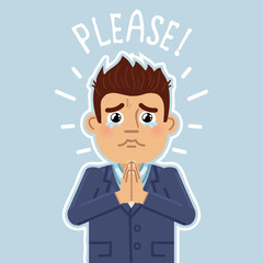 Vector illustration of a businessman making compassionate face. Businessman begging. Businessman showing super cute face. Flat style vector illustration