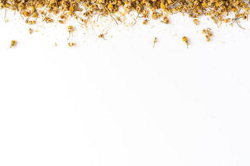 Camomile flowers on white background. Dried herbal tea