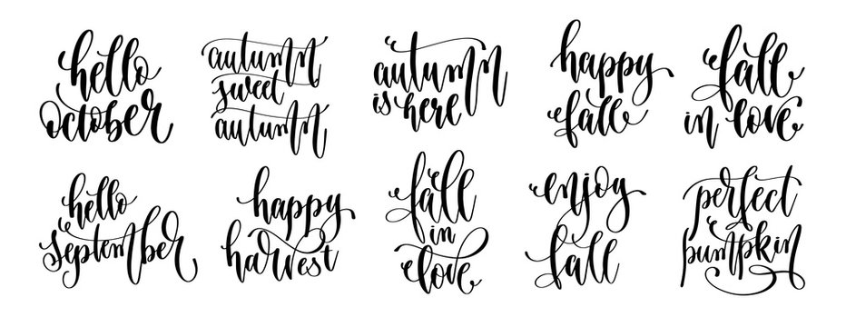 Set Of 10 Autumn Quotes, Hand Lettering Inscription Text, Fall Calligraphy Collection