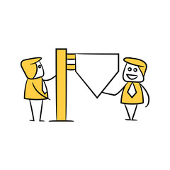 businessman and blank signage or signpost yellow stick figure theme