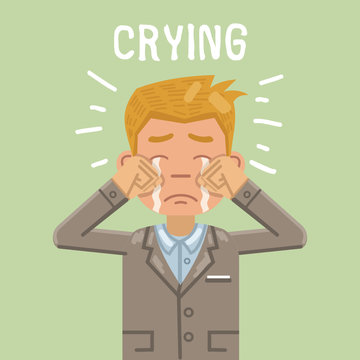 Illustration of a crying businessman. Stressed, depressed, upset, sad emotion. Emoticon, emoji, facial expression. Flat style vector illustration
