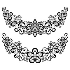 Vintage lace half wreath single vector pattern set - floral lace design collection, retro openwork background in black on white 