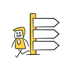 businessman and blank signage or signpost yellow stick figure theme