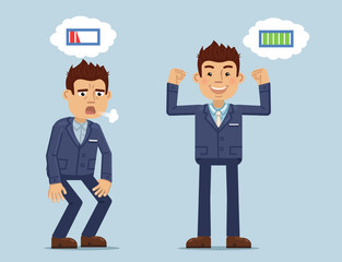 Vector illustration of two businessman showing different energy levels. Cheerful businessman full of energy. Tired, exhausted man. Simple style vector illustration