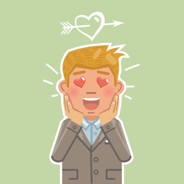 Illustration of a businessman in love. Fall in love, emoji, facial expression, emotional face. Flat style vector illustration