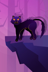 Halloween holiday greeting card with cat at scary wood. Vector Illustration. Trick or Treat Concept.