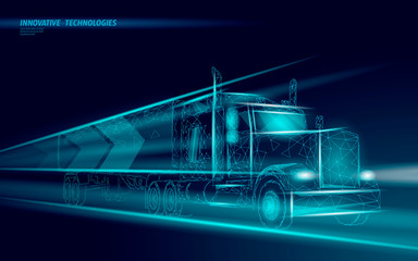 Low poly transport abstract truck. Lorry van fast delivery shipping logistic. Polygonal dark blue speed highway industry international transportation traffic vector illustration