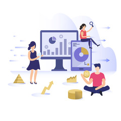 people with computer graph chart for data analytics concept illustration