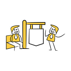 businessman and blank signage or signpost yellow stick figure theme