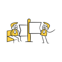 businessman and blank signage or signpost yellow stick figure theme