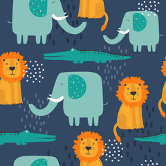 Happy elephants, crocodiles, lions, hand drawn backdrop. Colorful seamless pattern with animals. Decorative cute wallpaper, good for printing. Overlapping background vector