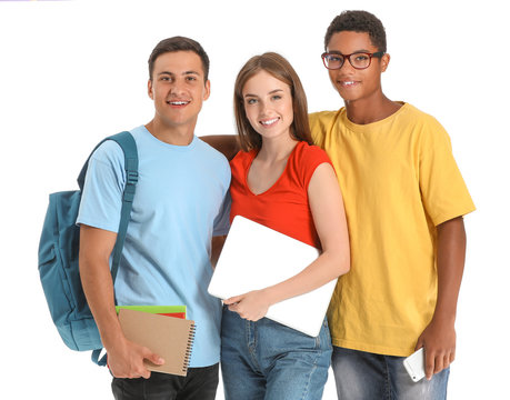 Portrait of young students on white background