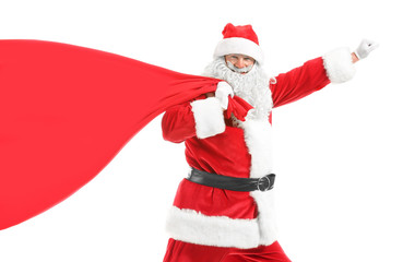 Portrait of Santa Claus with big bag on white background