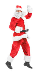 Portrait of jumping Santa Claus on white background