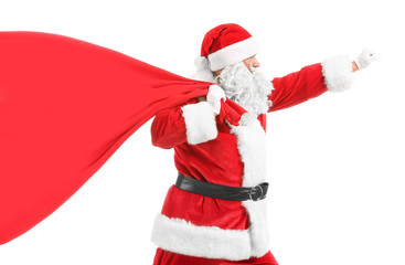 Portrait of Santa Claus with big bag on white background