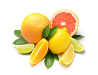 Different citrus fruits on white background