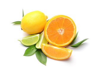 Different citrus fruits on white background