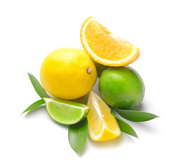 Different citrus fruits on white background