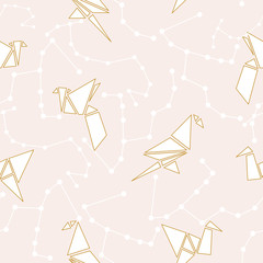 Origami birds and geometric golden elements in a seamless pattern design