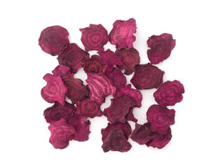 Beet chips on white background. 