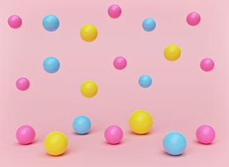 Colorful balls on pastel background. abstract shapes design. 3d rendering