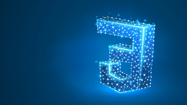CSS coding language sign. Device, programming, developing concept. Abstract, digital, wireframe, low poly mesh, vector blue neon 3d illustration. Triangle, line dot