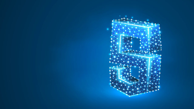 JS, Java Script coding language sign. Device, programming, developing concept. Abstract, digital, wireframe, low poly mesh, Raster blue neon 3d illustration Triangle, line dot