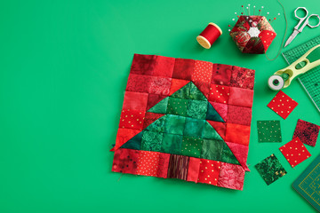 Christmas tree patchwork block, bright square pieces of fabric, pincushion, quilting and sewing...