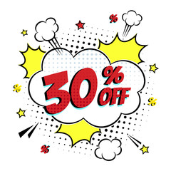 Comic lettering 30 percent off SALE in the speech bubble comic style flat design. Retro vintage pop art illustration isolated on white background. Exclamation sticker or label store or shop.
