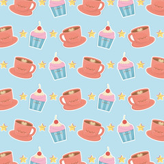 coffee and cupcake kawaii characters pattern